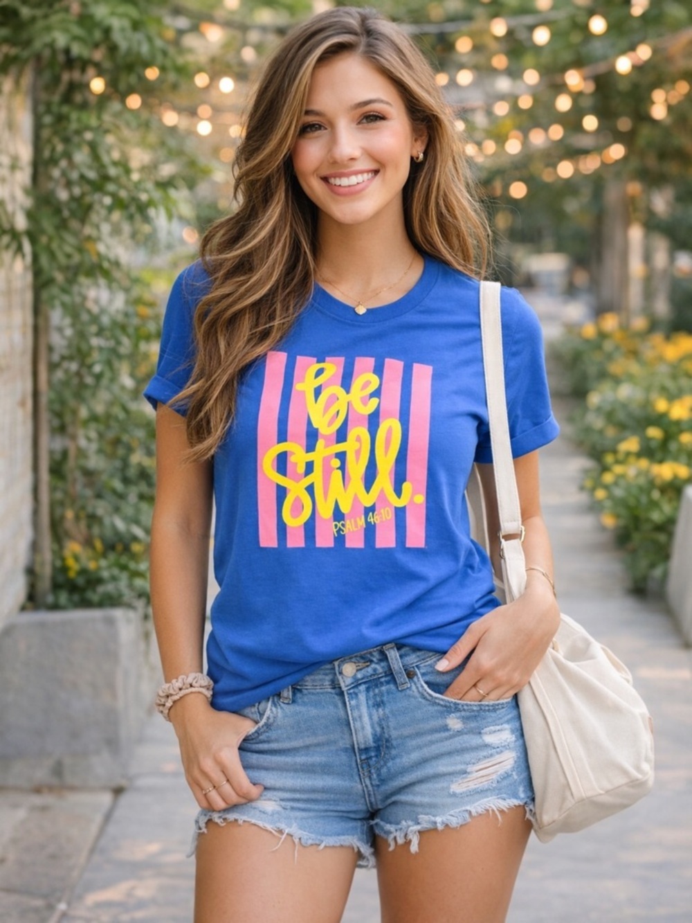 Be Still Psalm 46:10 Graphic Tee Blue Pink Yellow Faith Shirt Women L Christian